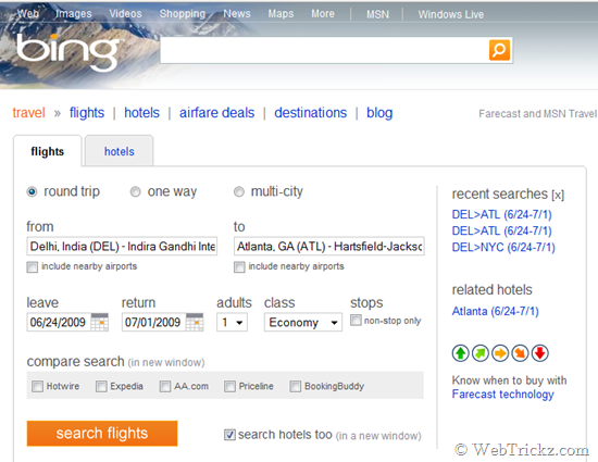Using Bing Travel service, you can buy Air tickets online, compare location, 