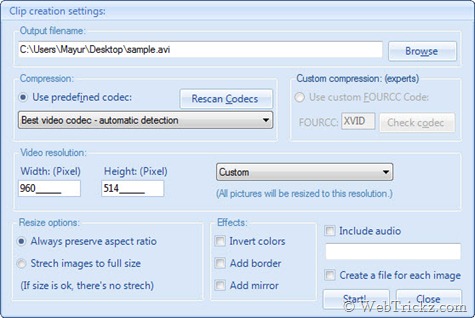 Picture2avi Settings