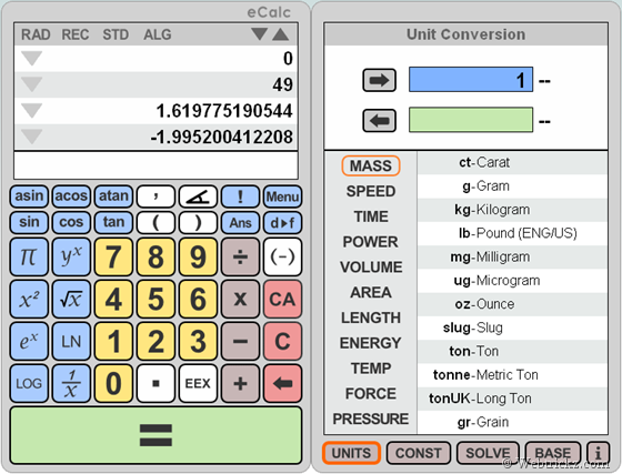 eCalc & web2.0 calc – Free Online Scientific Calculator