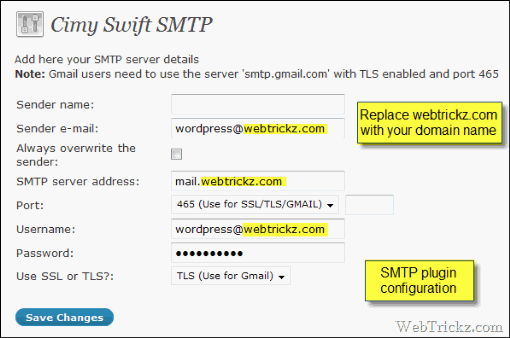 SMTP plugin settings