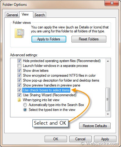 enable check boxes in Windows 7 & Vista