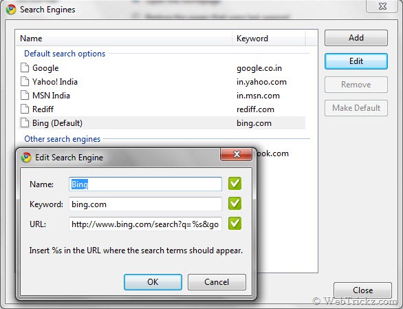 Bing as default search provider in Google Chrome