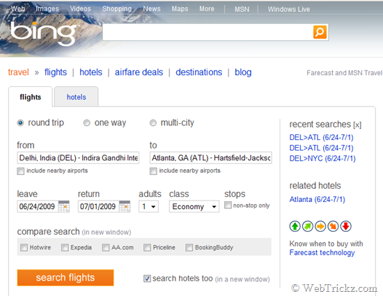 bing travel flight search