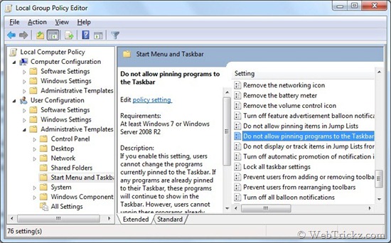 disable pinning programs to Windows 7 taskbar 