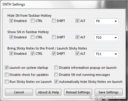 Sticky Notes Taskbar Hider Settings