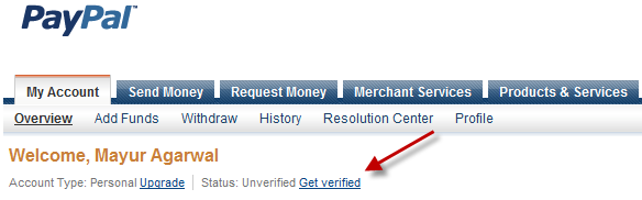 Get verified link in Paypal