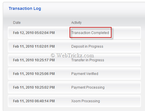 Xoom Transaction Log