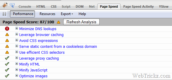 WebTrickz Page speed score 
