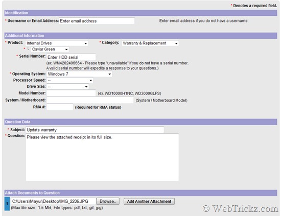 Update WD Hard drive warranty form