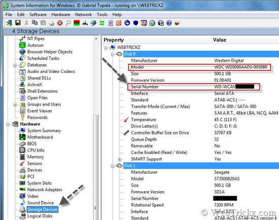 find hard drive serial and model no.