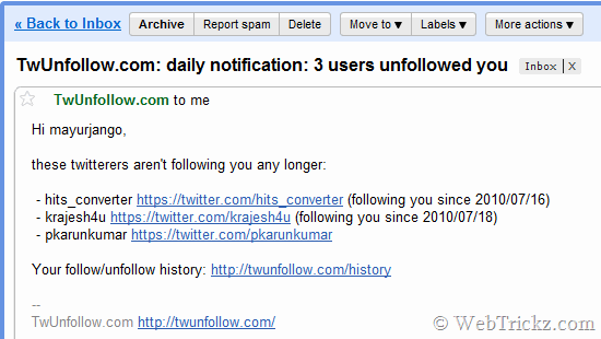 TwUnfollow email notification