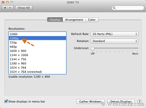 select 1080p resolution for external display on macbook