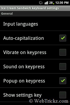 Ice Cream Sandwich keyboard settings