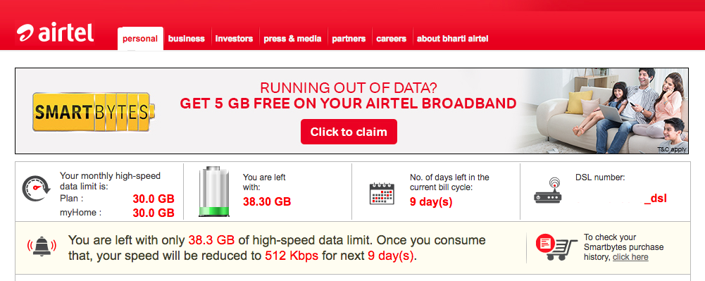 Check Airtel broadband data usage with Smartbytes