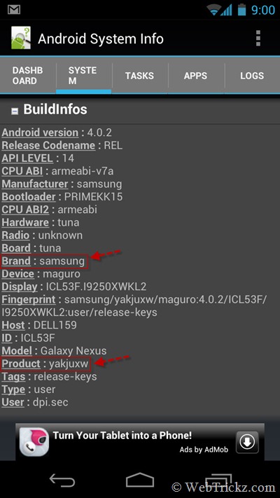 check galaxy nexus hardware product info using Android System Info
