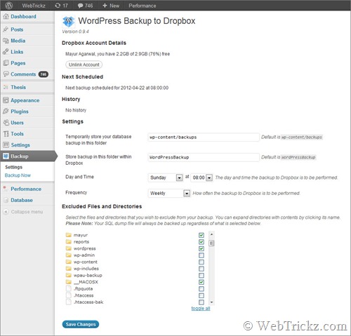 WordPress Backup to Dropbox_settings