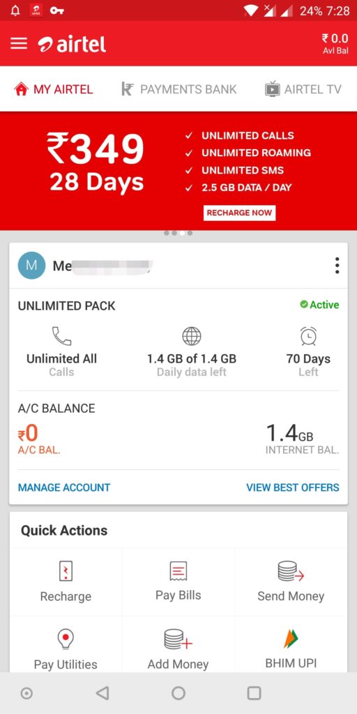 check airtel unlimited pack balance