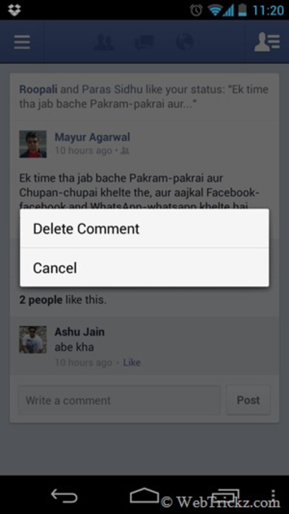 how to delete comment on facebook app