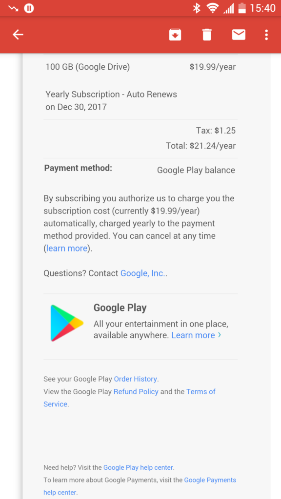 Pay for Google Drive Storage using Google Play balance