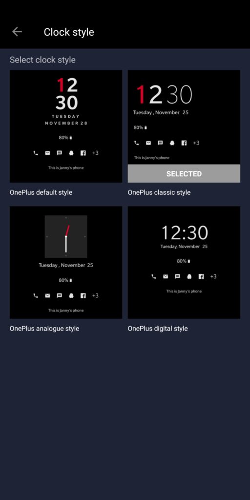 ambient display clock styles on oneplus