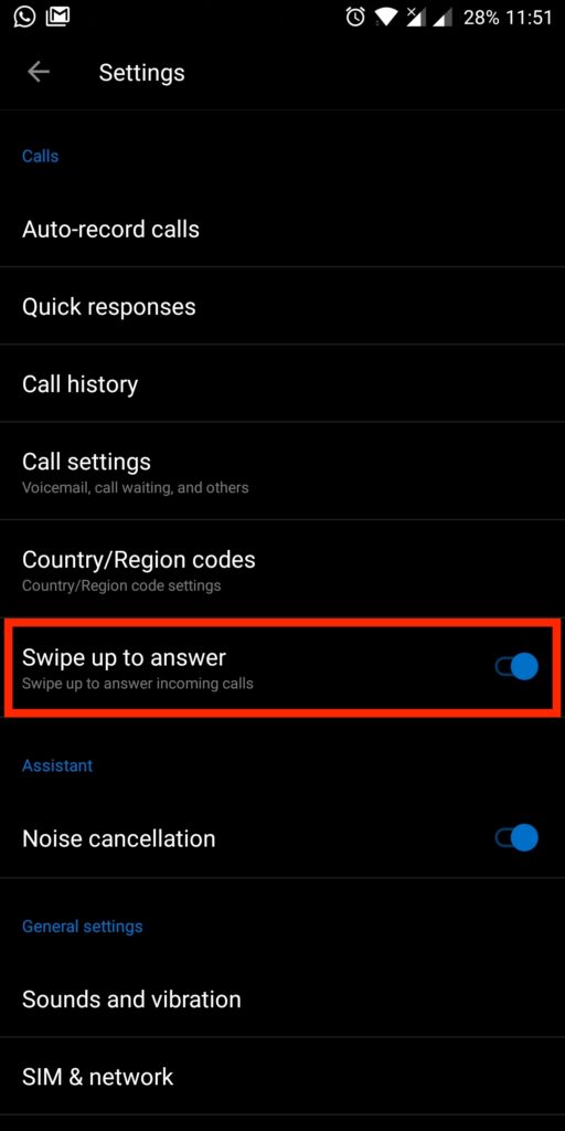 enable swipe up to answer setting in oneplus