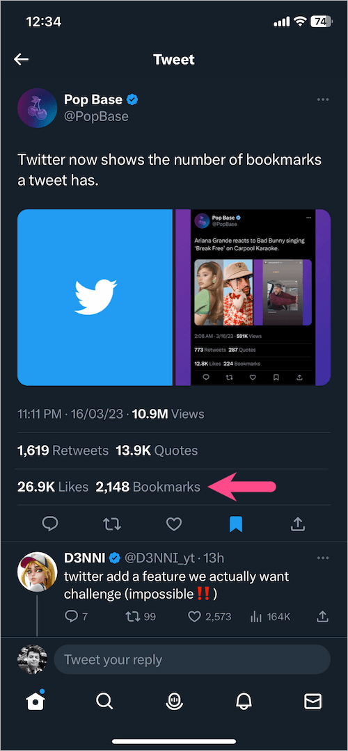 how to see how many times a tweet has been bookmarked on Twitter