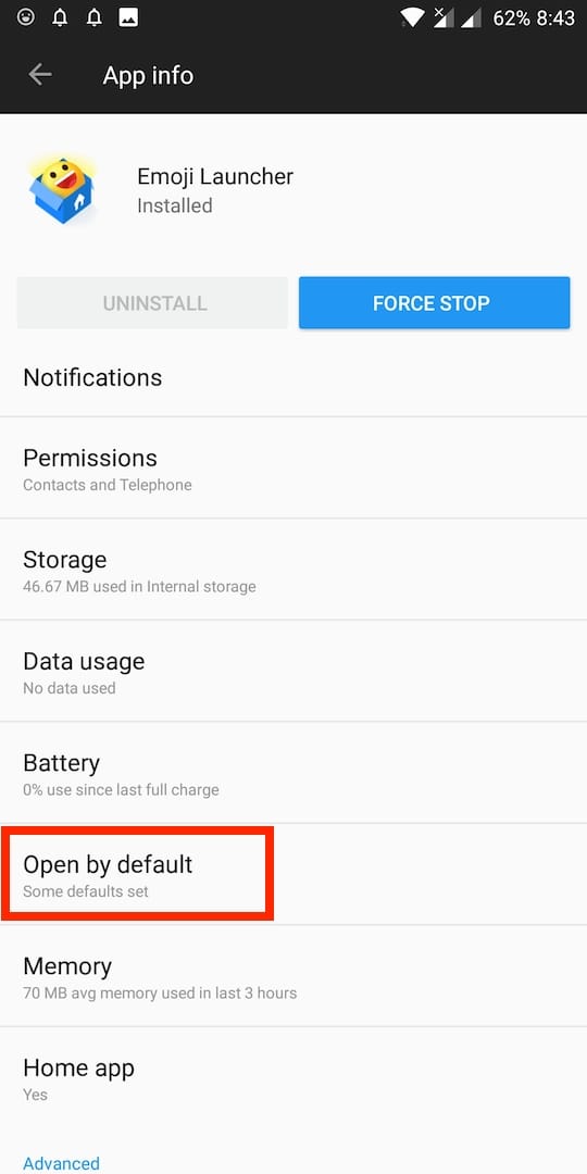 open by default option in android