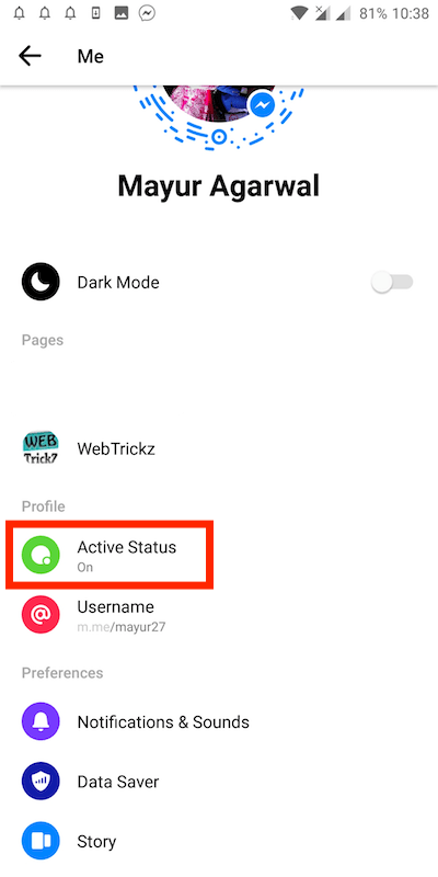 how to turn off my status on messenger