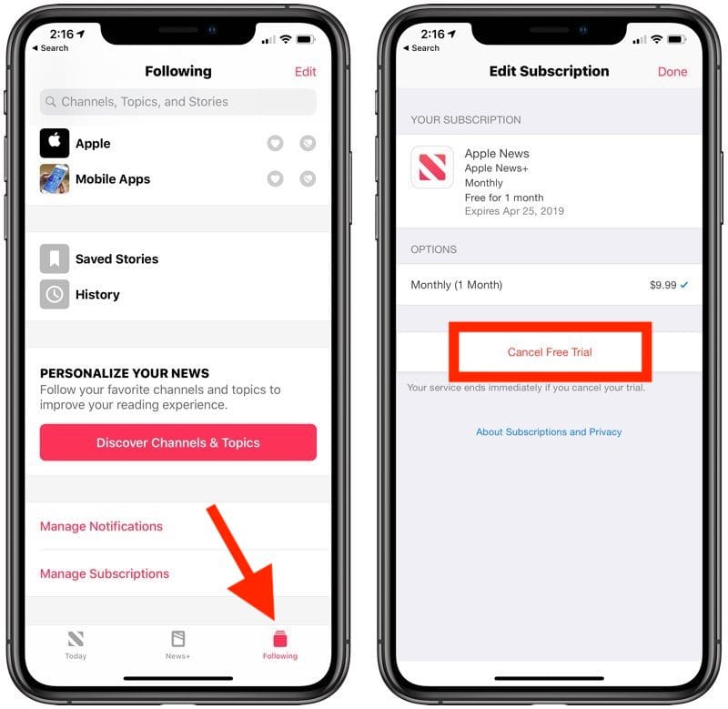 cancel apple news plus subscription free trial