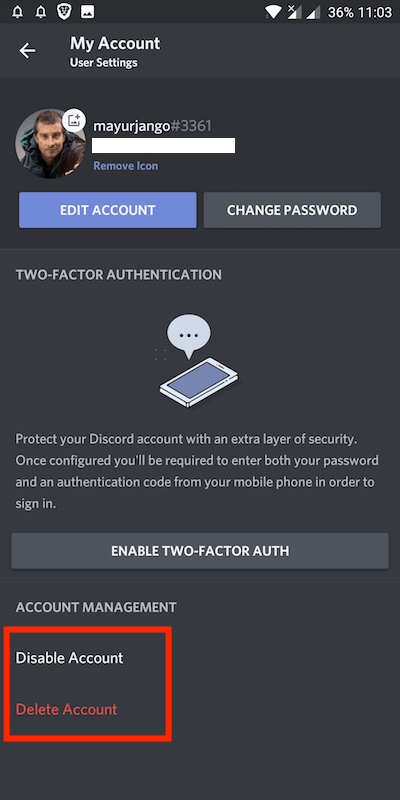 disable or delete discord account from app