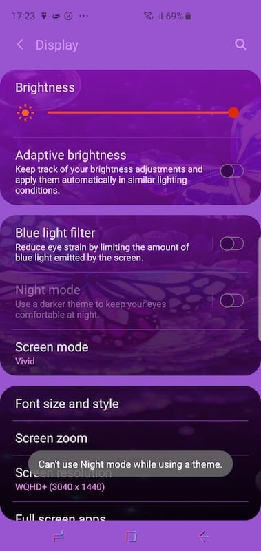 night mode disabled while using theme on samsung galaxy s9