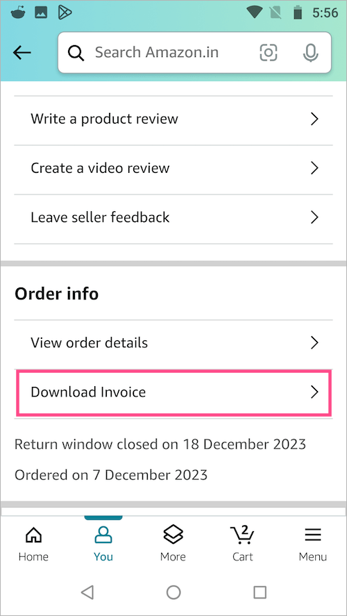 how to download amazon invoice on android
