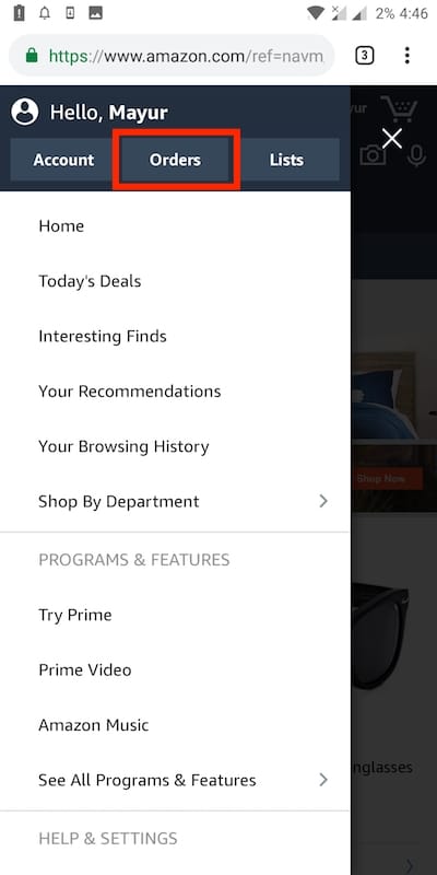 orders on amazon app