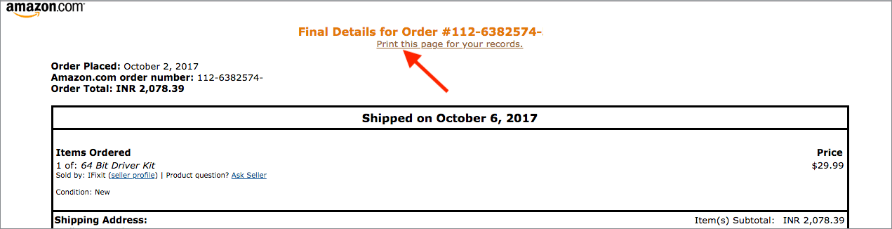 print amazon invoice from app