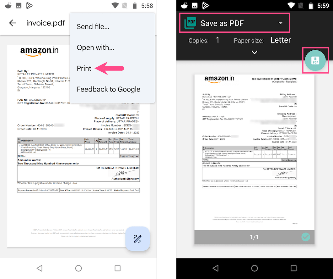 how to save amazon receipt as PDF on android