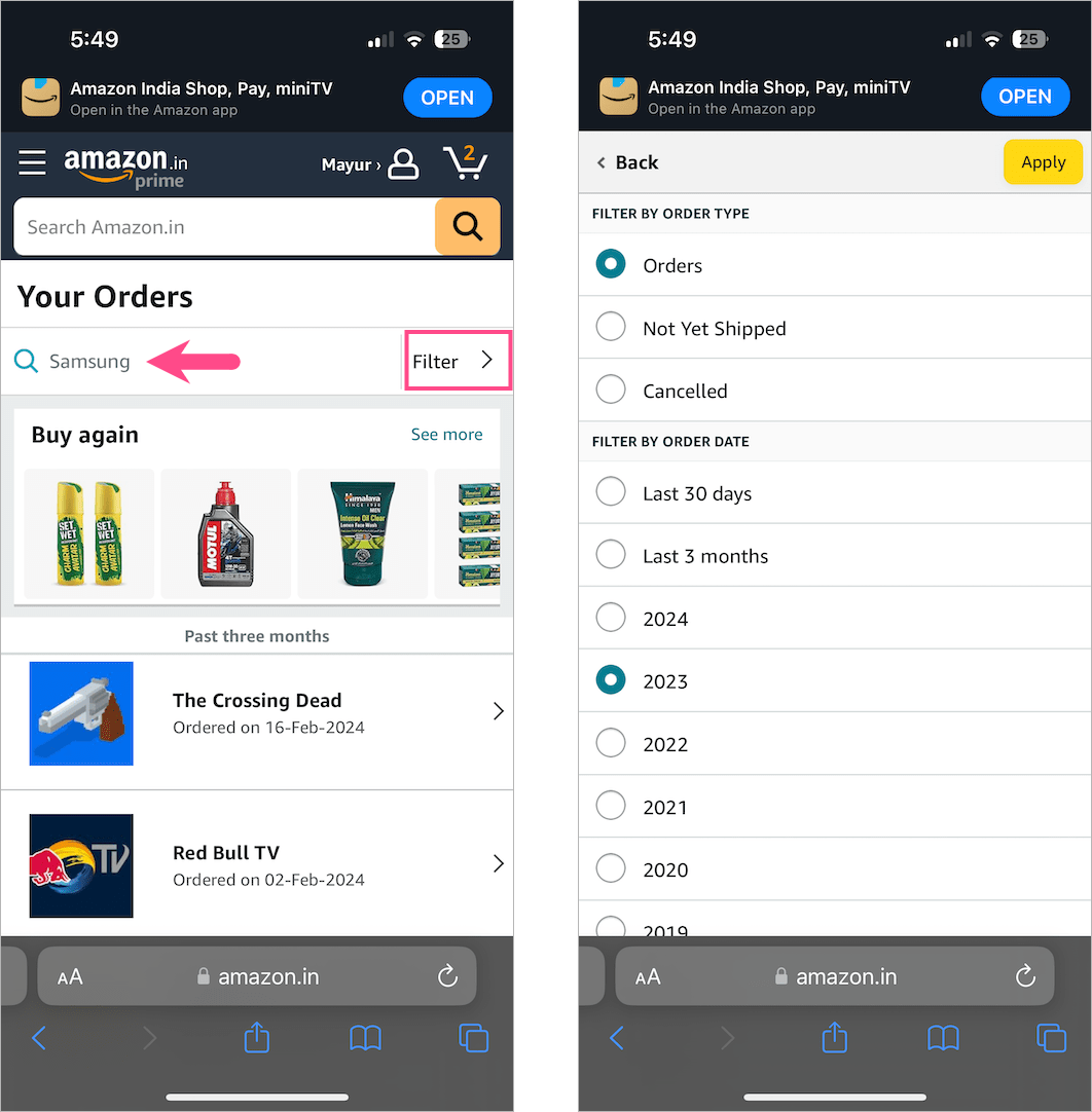 search amazon order on iphone