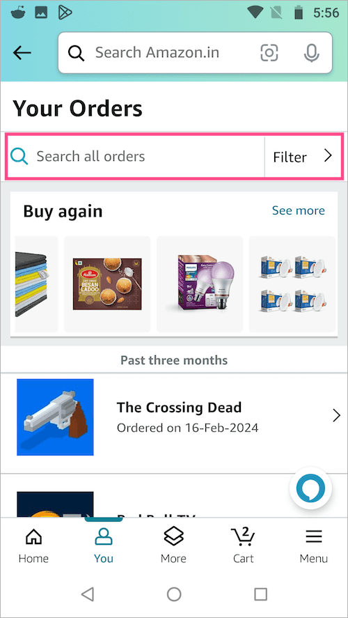 search all orders in amazon app on android