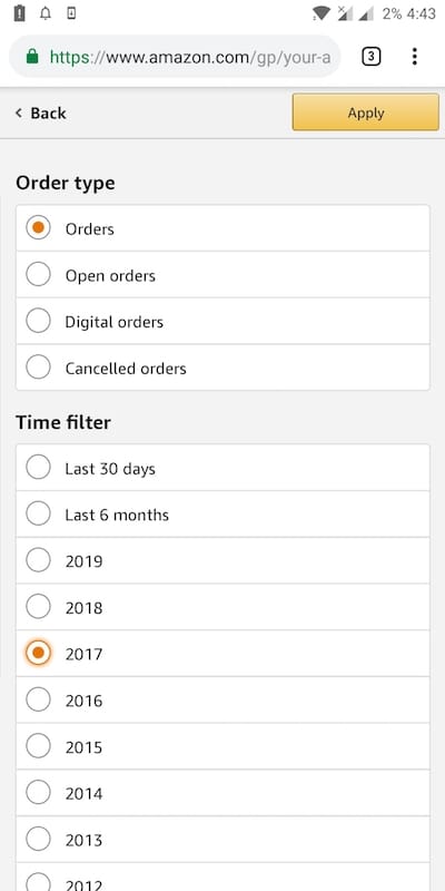 sort orders on amazon app