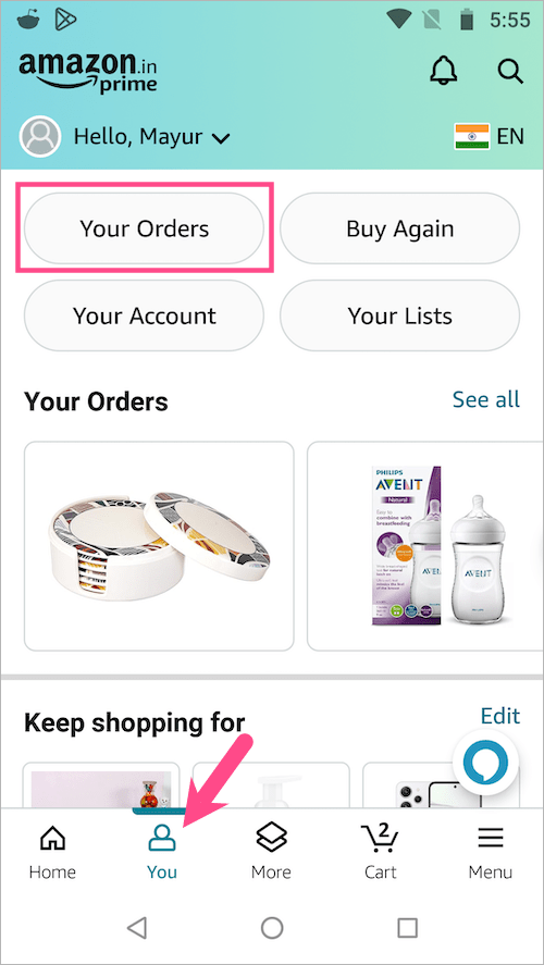 see amazon orders on android