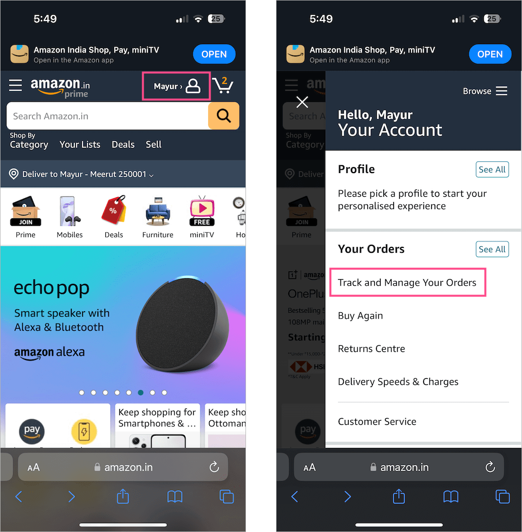 view amazon orders on iphone