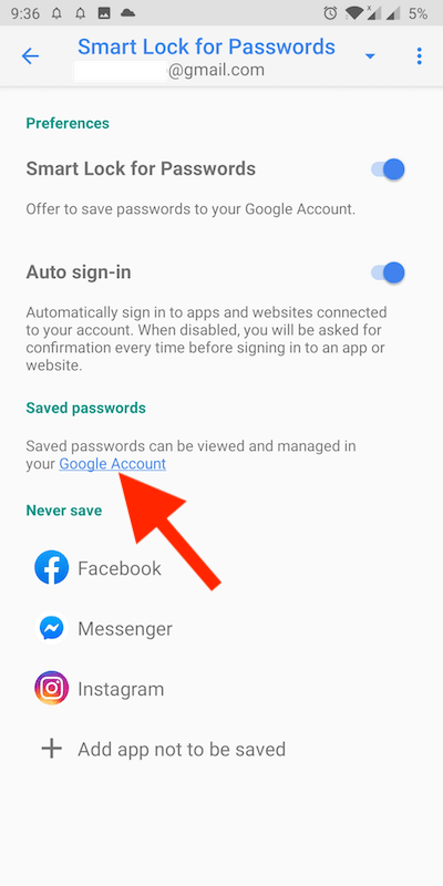 How do I remove an account from Google Smart Lock?