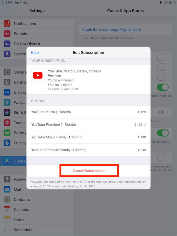 cancel youtube premium subscription on iphone ipad