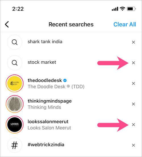 how to clear recent searches on instagram