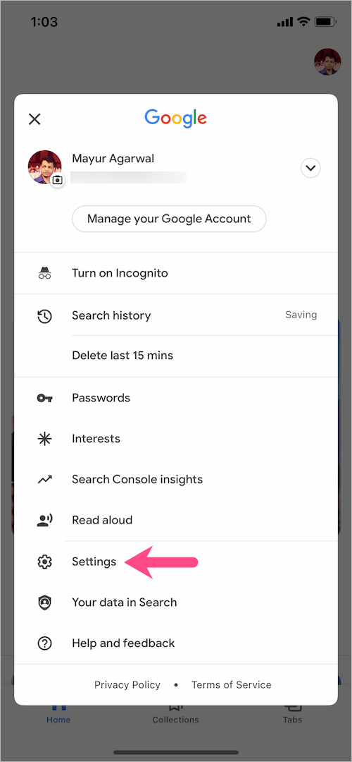 settings in google app for iphone