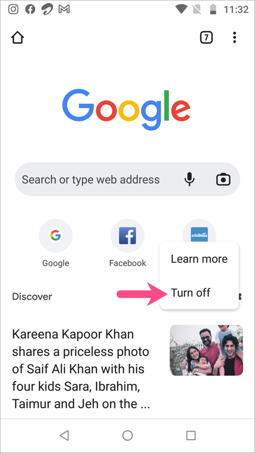 how to remove discover from chrome on android