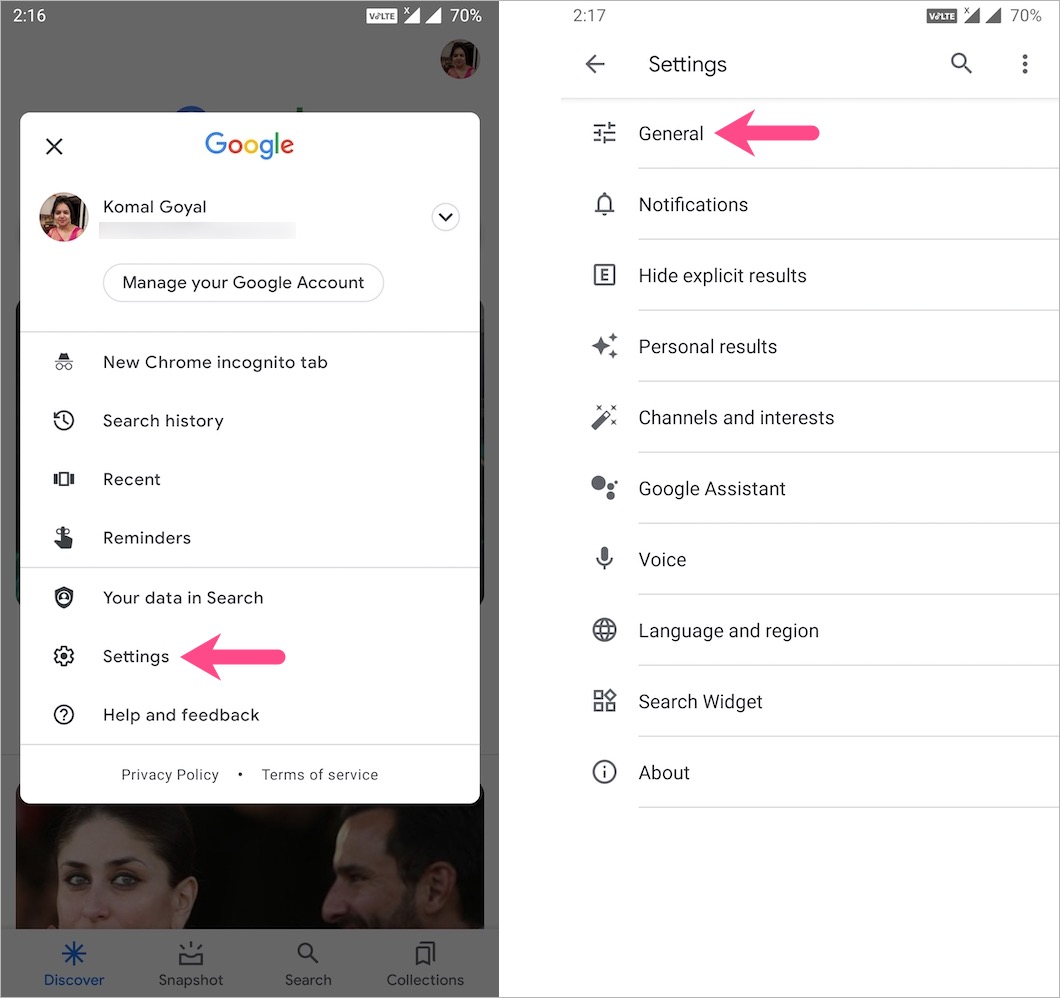 google app settings on android