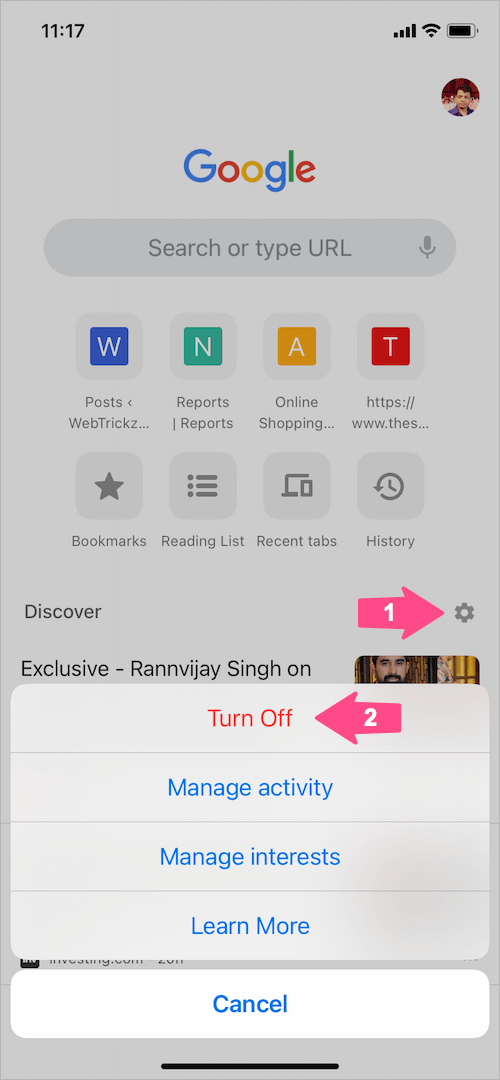 disable google discover in chrome on iphone