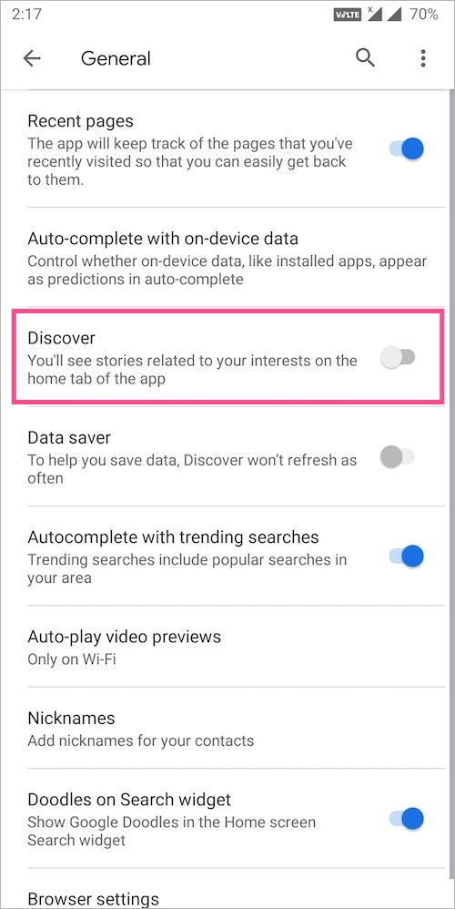 how to disable google discover feed on android