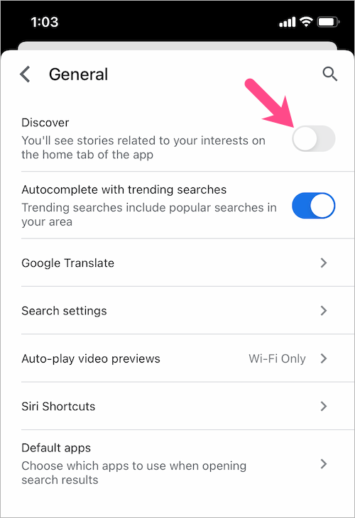 how to turn off google discover on iphone