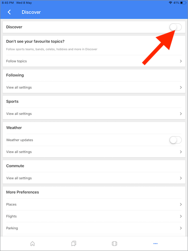 turn off google discover on iphone and ipad